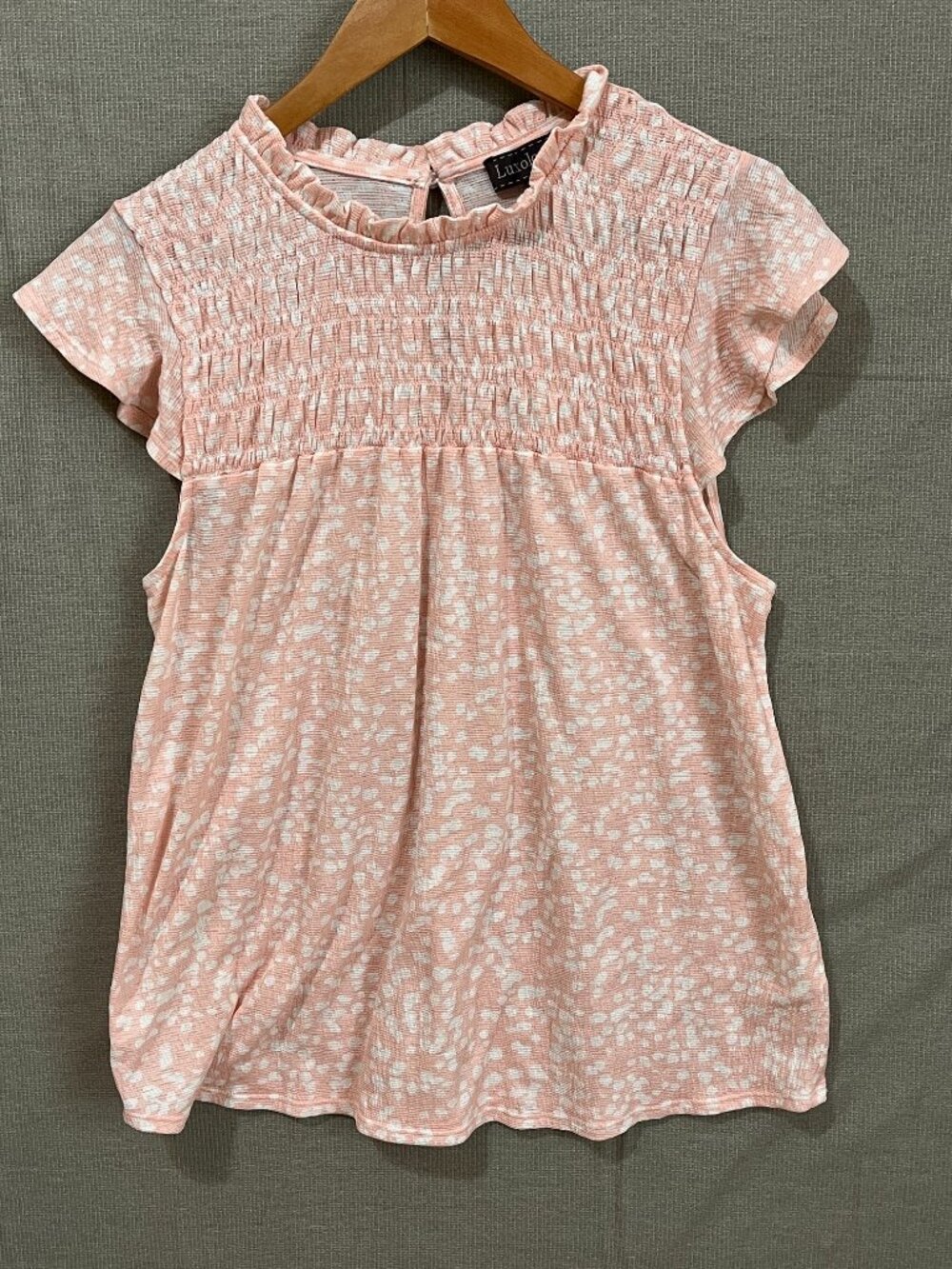 Luxology Pink White Ruched Top Ruffle Neck Coquette Balletcore Blouse Sz M